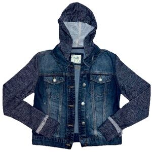 MUDD Distressed Denim Jacket 90s Boho Chic Sweatshirt Material Hood and Arms Y2K